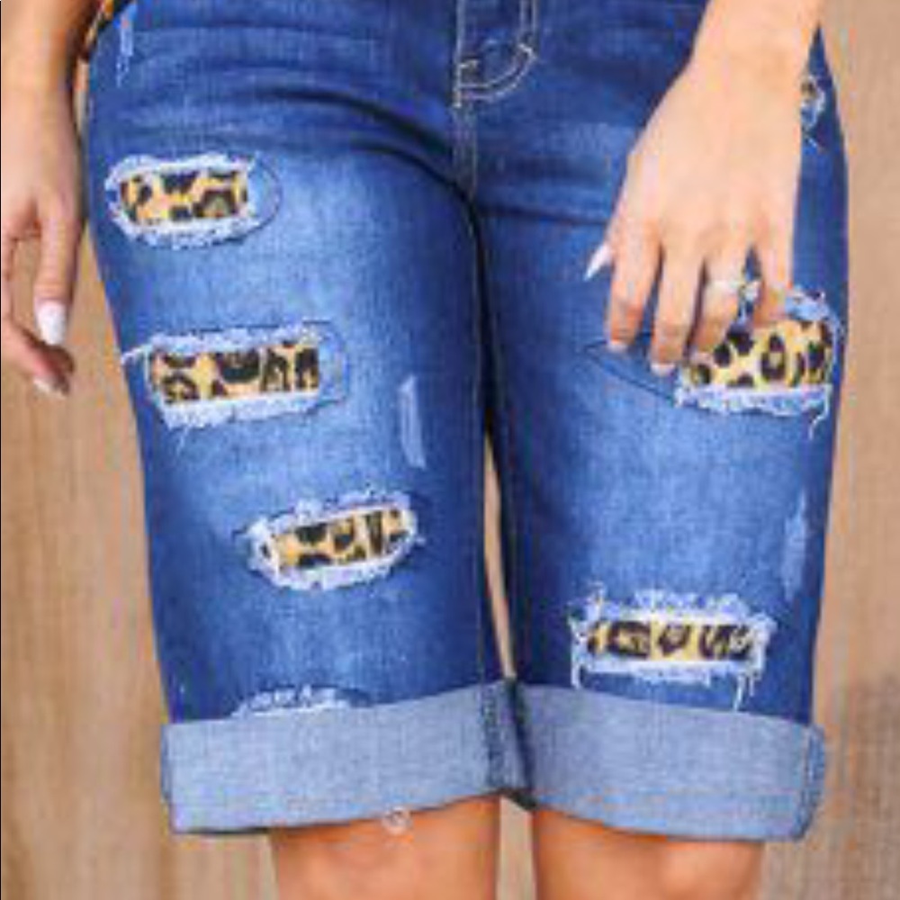 L&B Distressed Leopard Accented Bermuda Shorts - Picture 2 of 2